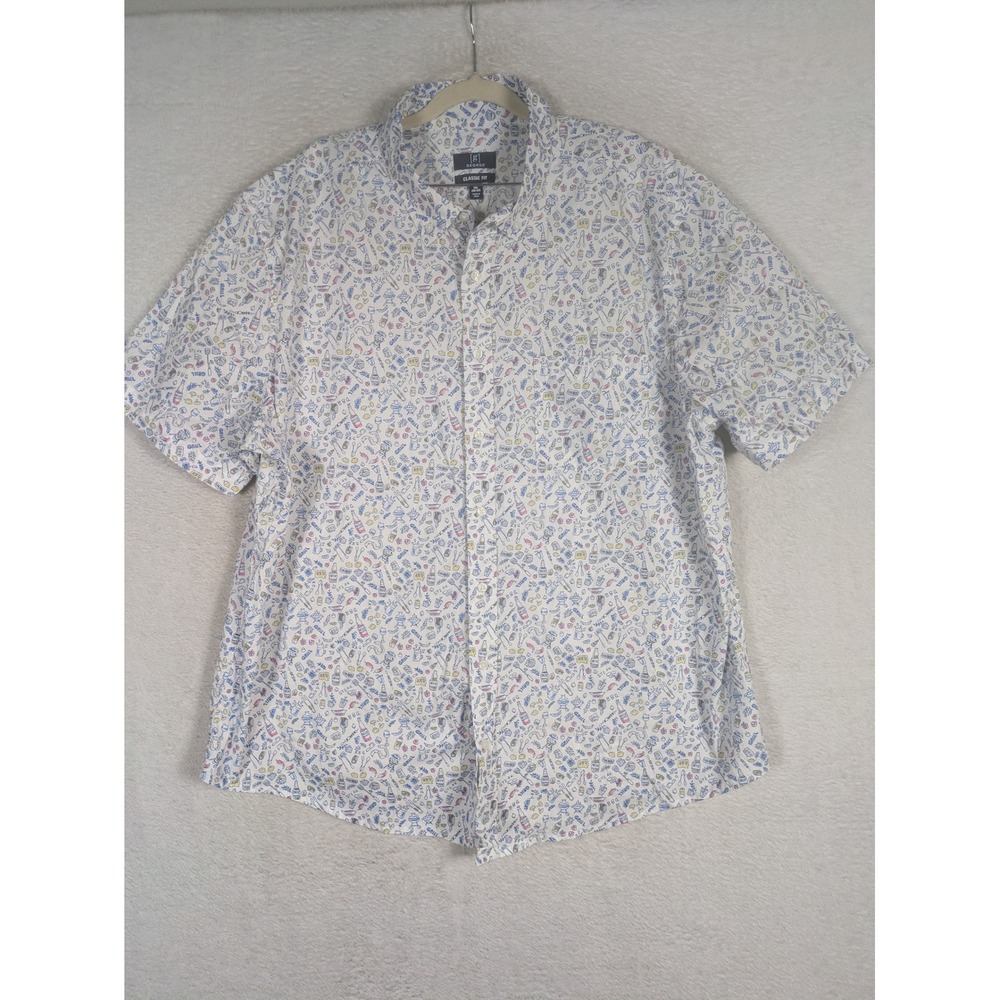 George Button Down Shirt Men's 2XL White BBQ Grill Beer Print Short Sleeve